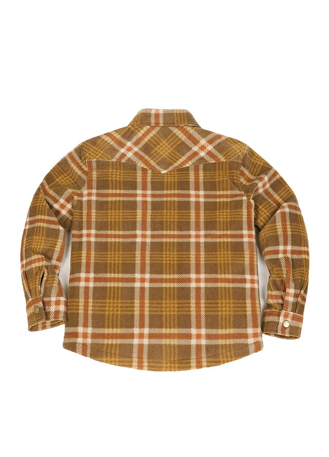 A long-sleeve plaid flannel shirt shown from the back, featuring a brown, yellow, and white checkered pattern on a plain white background.