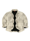 A cropped button-up shirt jacket featuring a beige and gray geometric plaid pattern, a black sherpa lining, and buttoned chest pockets, displayed flat against a white background.