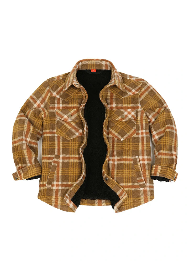A brown and beige plaid overshirt jacket with a black fleece lining, displayed flat against a solid white background.