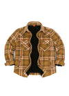 A brown and beige plaid overshirt jacket with a black fleece lining, displayed flat against a solid white background.