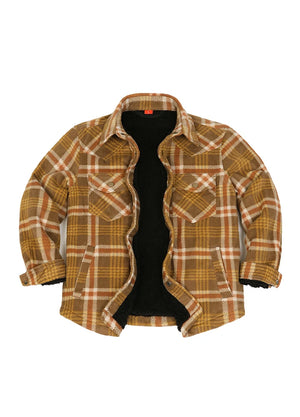 A brown and beige plaid overshirt jacket with a black fleece lining, displayed flat against a solid white background.