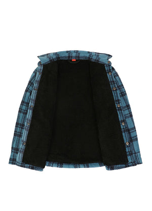 A button-front flannel shirt jacket with a black sherpa fleece lining, featuring blue and black plaid fabric on the outside.