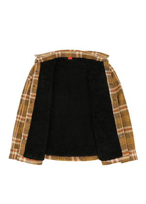 A hooded button-up shirt jacket featuring a black sherpa fleece lining and tan, brown, and white plaid flannel sleeves and hood.