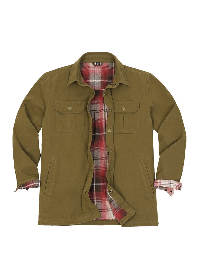 Men's Flannel Lined Heavy Washed Cotton Outdoor Utility Shirt Jacket