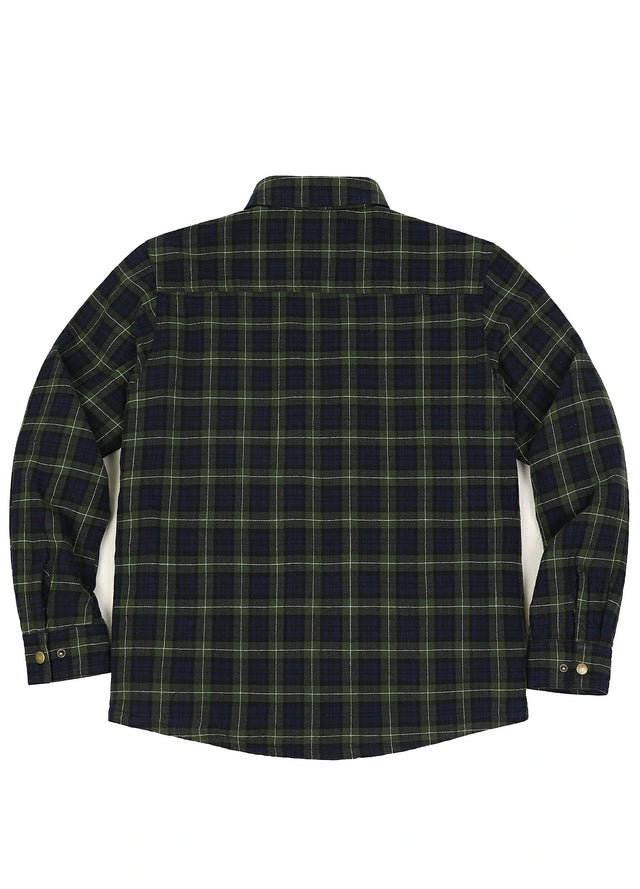 Back view of tartan green men's thermal lined flannel shirt jacket-XR1302SGLL-S,XR1302SGLL-M,XR1302SGLL-L,XR1302SGLL-XL,XR1302SGLL-XXL