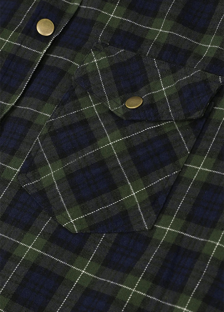 Close-up of a plaid button-up shirt fabric with a chest pocket, featuring dark navy, forest green, and thin white stripes, accented by brass snap buttons-XR1302SGLL-S,XR1302SGLL-M,XR1302SGLL-L,XR1302SGLL-XL,XR1302SGLL-XXL