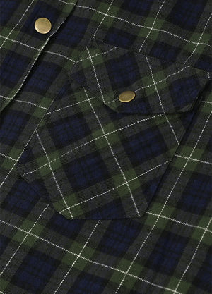 Close-up of a plaid button-up shirt fabric with a chest pocket, featuring dark navy, forest green, and thin white stripes, accented by brass snap buttons-XR1302SGLL-S,XR1302SGLL-M,XR1302SGLL-L,XR1302SGLL-XL,XR1302SGLL-XXL