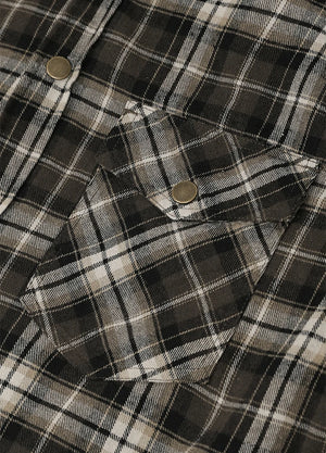 Close-up of a plaid button-up shirt fabric in black, white, and gray with two visible metal buttons-XR1302KAF-S,XR1302KAF-M,XR1302KAF-L,XR1302KAF-XL,XR1302KAF-XXL