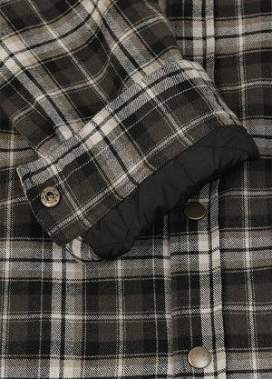Close-up of a plaid button-up shirt with a black quilted lining visible inside the turned-up cuff, featuring dark brown, black, and off-white check pattern and metal buttons-XR1302KAF-S,XR1302KAF-M,XR1302KAF-L,XR1302KAF-XL,XR1302KAF-XXL