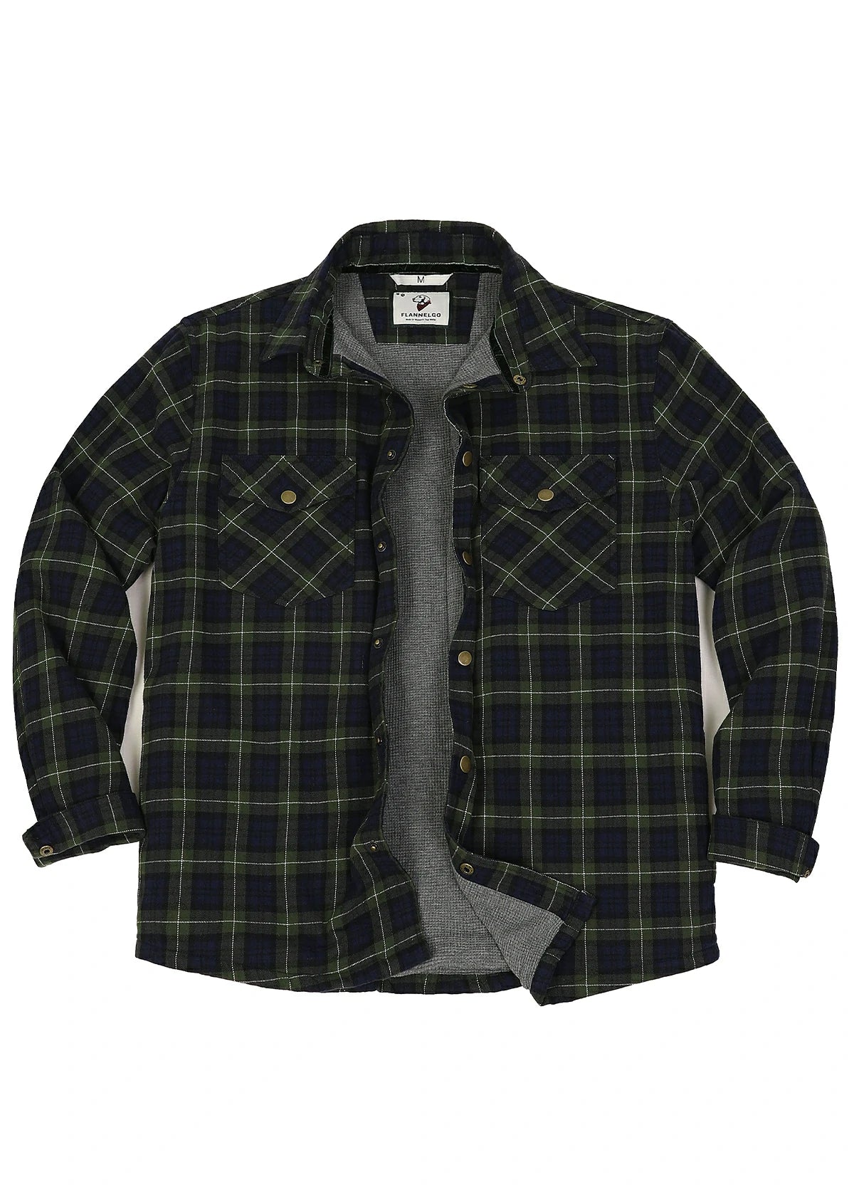 Front view of tartan green men's thermal lined flannel shirt jacket-XR1302SGLL-S,XR1302SGLL-M,XR1302SGLL-L,XR1302SGLL-XL,XR1302SGLL-XXL