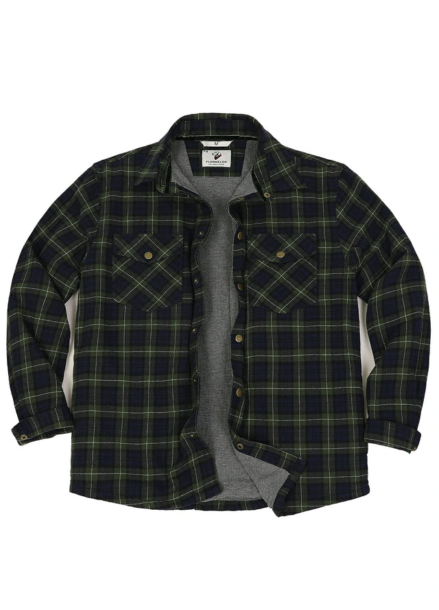 Front view of tartan green men's thermal lined flannel shirt jacket-XR1302SGLL-S,XR1302SGLL-M,XR1302SGLL-L,XR1302SGLL-XL,XR1302SGLL-XXL