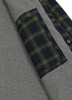Close-up of a gray textured knit garment with a green and navy plaid patch pocket and matching plaid button placket-XR1302SGLL-S,XR1302SGLL-M,XR1302SGLL-L,XR1302SGLL-XL,XR1302SGLL-XXL