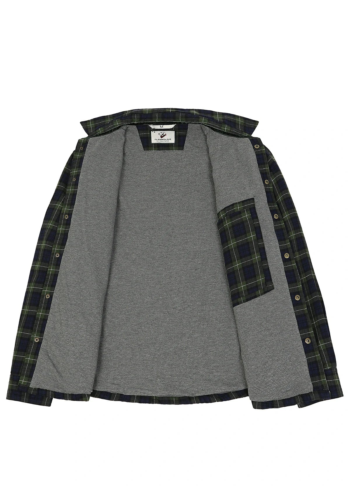 Open view showing the lining of tartan green men's thermal lined flannel shirt jacket-XR1302SGLL-S,XR1302SGLL-M,XR1302SGLL-L,XR1302SGLL-XL,XR1302SGLL-XXL