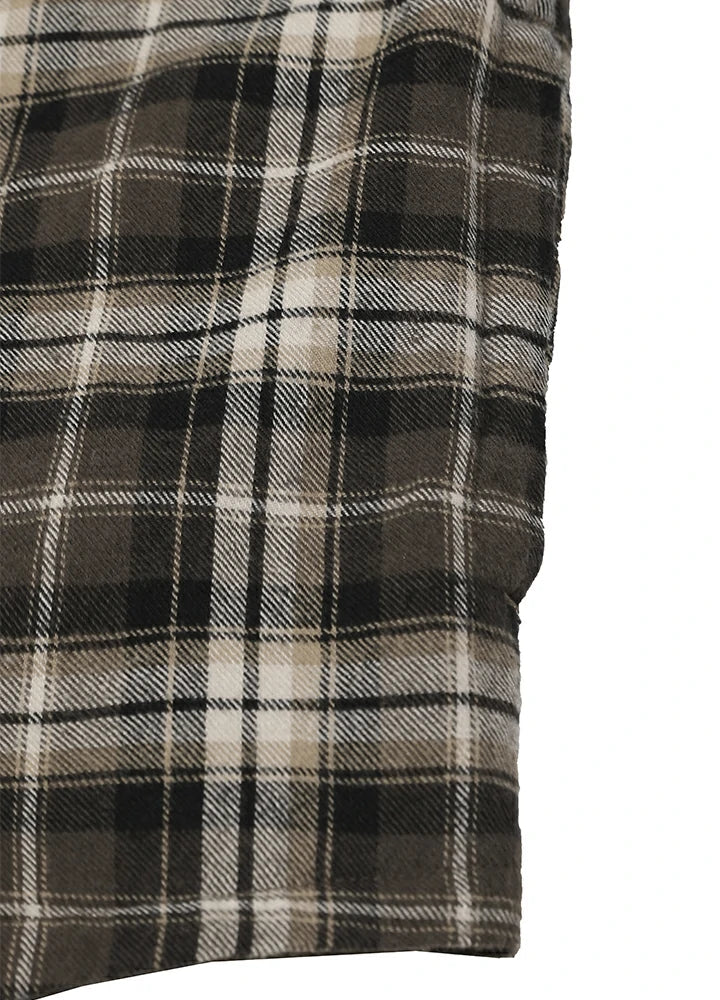 Close-up of a plaid fabric pattern in black, brown, and beige, showing the weave and check design details-XR1302KAF-S,XR1302KAF-M,XR1302KAF-L,XR1302KAF-XL,XR1302KAF-XXL