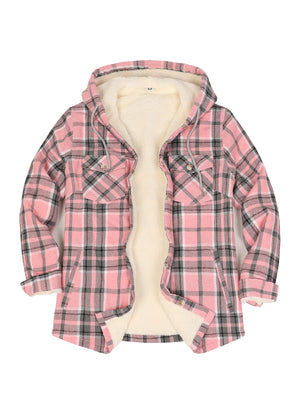 Women's Sherpa Lined Flannel Jacket with Hood, Button Up Plaid