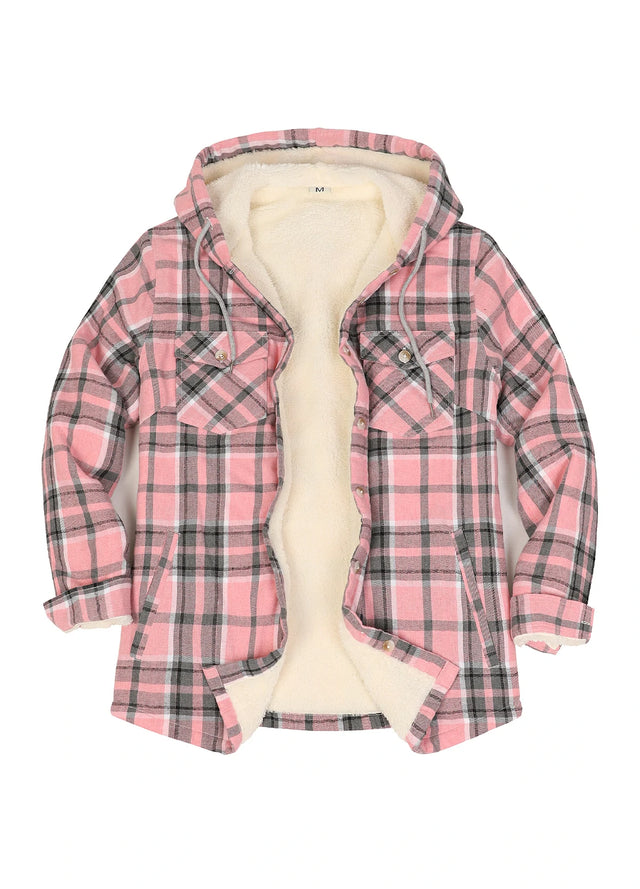 Women's Sherpa Lined Flannel Jacket with Hood, Button Up Plaid