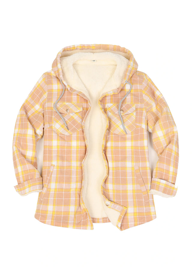 Women's Sherpa Lined Flannel Jacket with Hood, Button Up Plaid