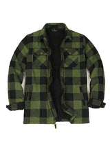 Front view of army green men's fleece lined flannel shirt jacket