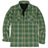 Front view of zipper closed apple green men's fleece lined flannel plaid shirt jacket