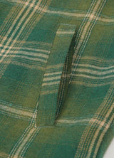 Close-up of the hand pocket of apple green men's winter zipper flannel jacket with fleece lining
