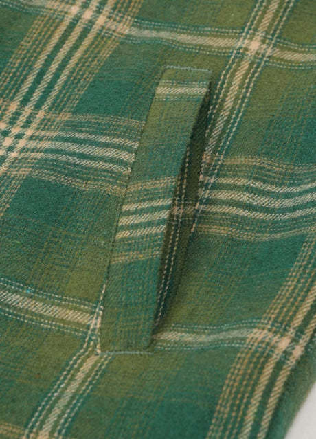 Close-up of the hand pocket of apple green men's winter zipper flannel jacket with fleece lining
