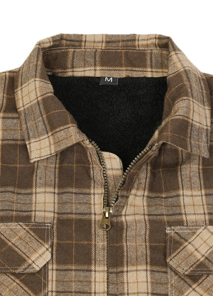Men's Warm Sherpa Fleece Lined Full Zip Up Plaid Flannel Shirt Jacket
