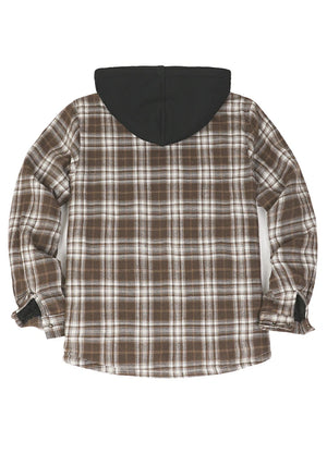 Back view of the coffee white men's sherpa lined hooded flannel jacket-XR185CW-S,XR185CW-M,XR185CW-L,XR185CW-XL,XR185CW-XXL