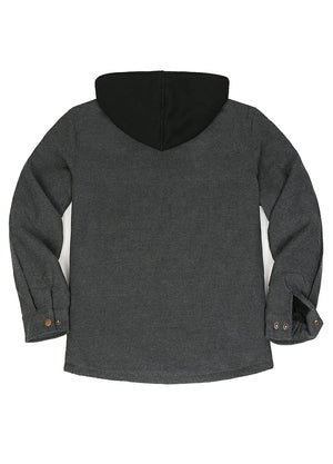 Back view of dark gray men's hooded flannel shirt jacket snap front sherpa-lined plaid-XR185DG-S,XR185DG-M,XR185DG-L,XR185DG-XL,XR185DG-XXL