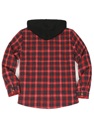 Back view of red navy men's hooded flannel shirt jacket snap front sherpa-lined plaid-XR185RN-S,XR185RN-M,XR185RN-L,XR185RN-XL,XR185RN-XXL