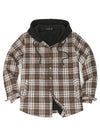 Front view of the coffee white men's sherpa lined hooded flannel jacket