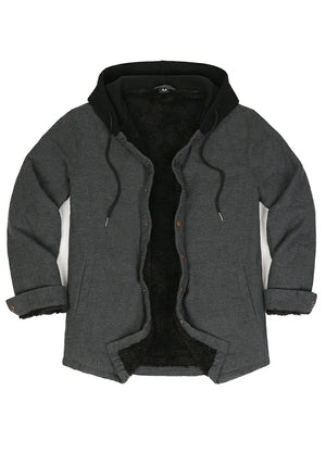 Front view of dark gray men's hooded flannel shirt jacket snap front sherpa-lined plaid-XR185DG-S,XR185DG-M,XR185DG-L,XR185DG-XL,XR185DG-XXL