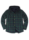 Front view of the Navy Green men's snap front plaid shirt jacket 