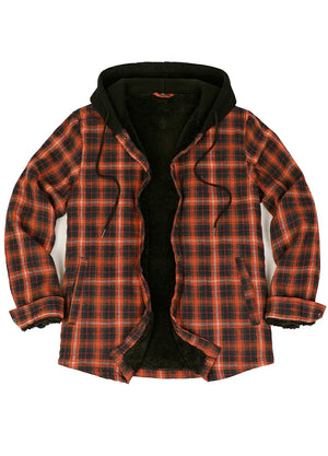 Front view of orange men's hooded flannel shirt jacket snap front sherpa-lined plaid-XR185OE-S,XR185OE-M,XR185OE-L,XR185OE-XL,XR185OE-XXL