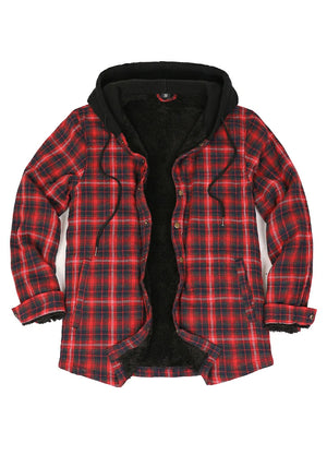 Front view of red navy men's hooded flannel shirt jacket snap front sherpa-lined plaid-XR185RN-S,XR185RN-M,XR185RN-L,XR185RN-XL,XR185RN-XXL