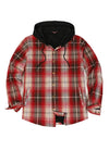  Front view of the snap button closed red khaki men's hooded flannel shacket