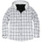  Front view of the zipper closed of silver scape men's hooded snap front flannel plaid jacket