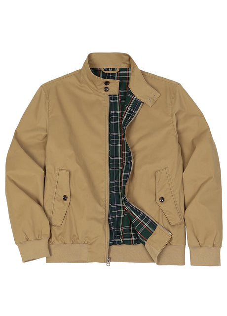 Front view of dark khaki men's classic harrington flannel lined jacket-XR8526SKQ-S,XR8526SKQ-M,XR8526SKQ-L,XR8526SKQ-XL,XR8526SKQ-XXL
