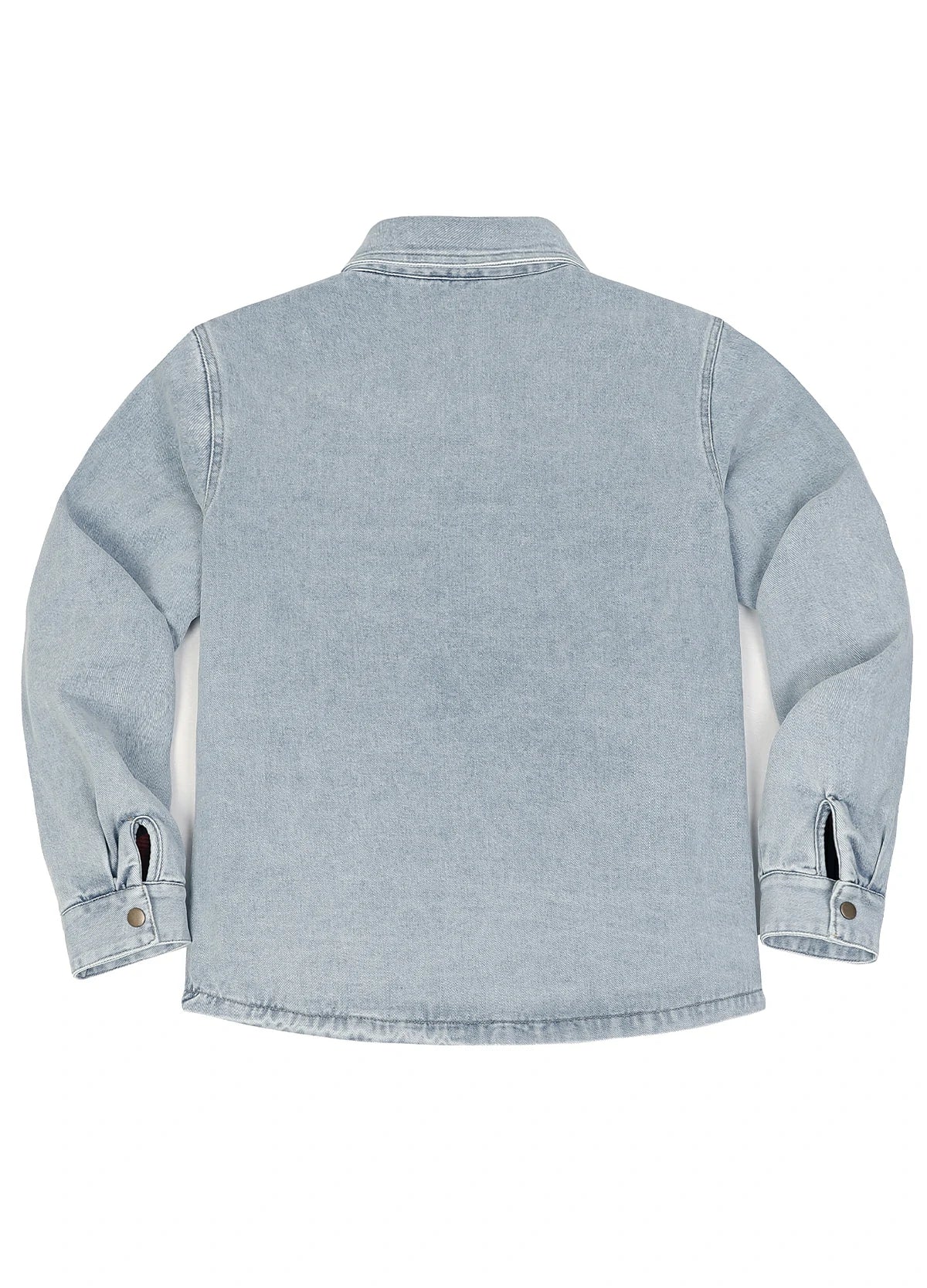 Back view of light washed blue men's classic denim fleece lined shirt jacket-XR8527PB-S,XR8527PB-M,XR8527PB-L,XR8527PB-XL,XR8527PB-XXL