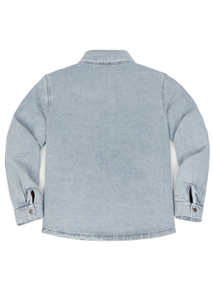 Back view of light washed blue men's classic denim fleece lined shirt jacket-XR8527PB-S,XR8527PB-M,XR8527PB-L,XR8527PB-XL,XR8527PB-XXL