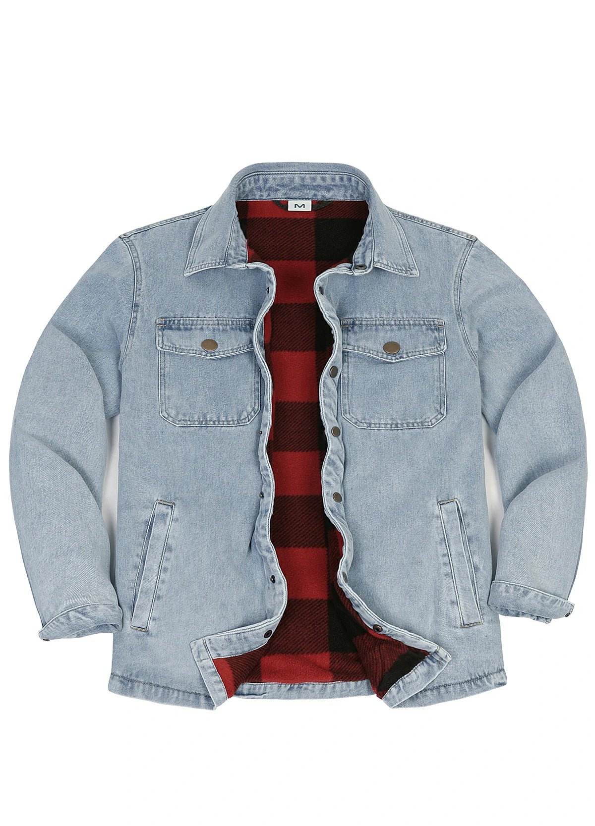 A light blue denim jacket with a red and black buffalo plaid flannel lining, displayed open against a solid white background.