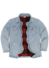 A light blue denim jacket with a red and black buffalo plaid flannel lining, displayed open against a solid white background.