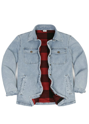 A light blue denim jacket with a red and black buffalo plaid flannel lining, displayed open against a solid white background.
