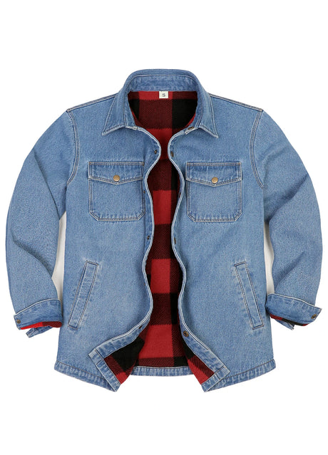 Front view of medium blue men's classic denim fleece lined shirt jacket-XR8527ZL-S,XR8527ZL-M,XR8527ZL-L,XR8527ZL-XL,XR8527ZL-XXL