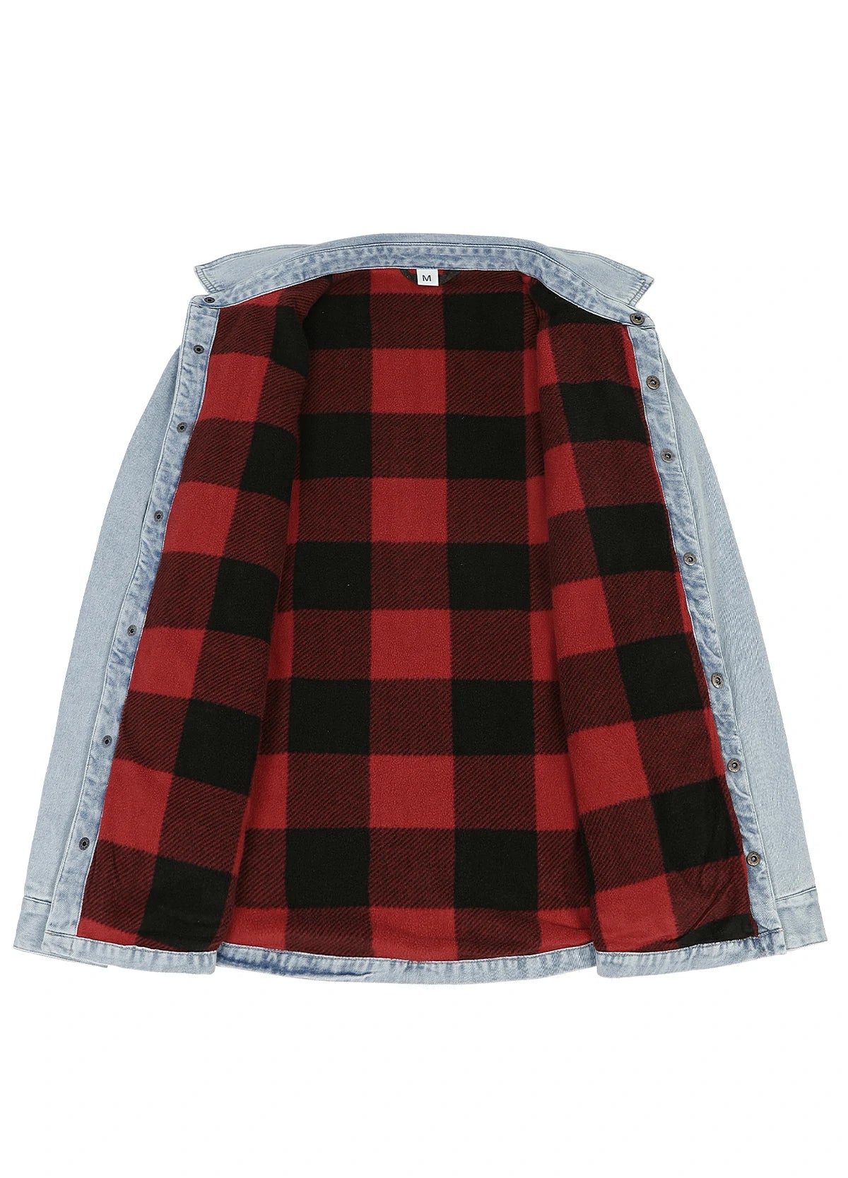 A light blue denim button-up shirt jacket with a red and black buffalo plaid lining, displayed open against a solid white background.