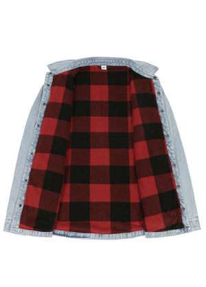 A light blue denim button-up shirt jacket with a red and black buffalo plaid lining, displayed open against a solid white background.