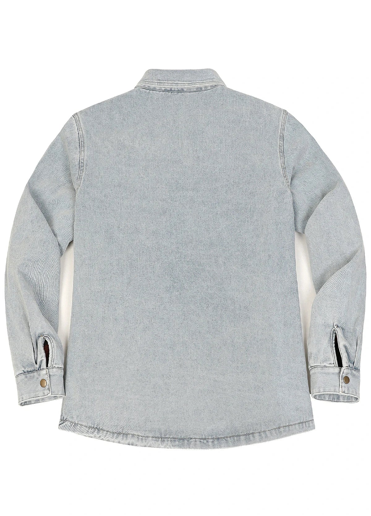 A light gray denim shirt jacket shown from the back, featuring a collar, long sleeves, and buttoned cuffs, photographed against a plain white background.