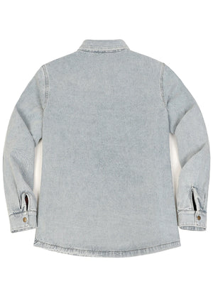 A light gray denim shirt jacket shown from the back, featuring a collar, long sleeves, and buttoned cuffs, photographed against a plain white background.