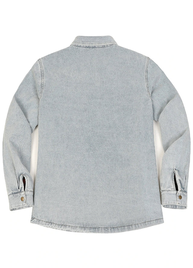 A light gray denim shirt jacket shown from the back, featuring a collar, long sleeves, and buttoned cuffs, photographed against a plain white background.