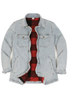 A light-wash denim overshirt jacket with a red and black buffalo plaid flannel shirt underneath, displayed flat against a white background.