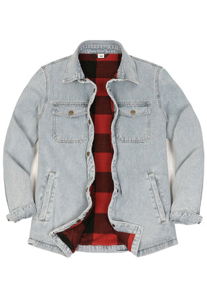 A light-wash denim overshirt jacket with a red and black buffalo plaid flannel shirt underneath, displayed flat against a white background.